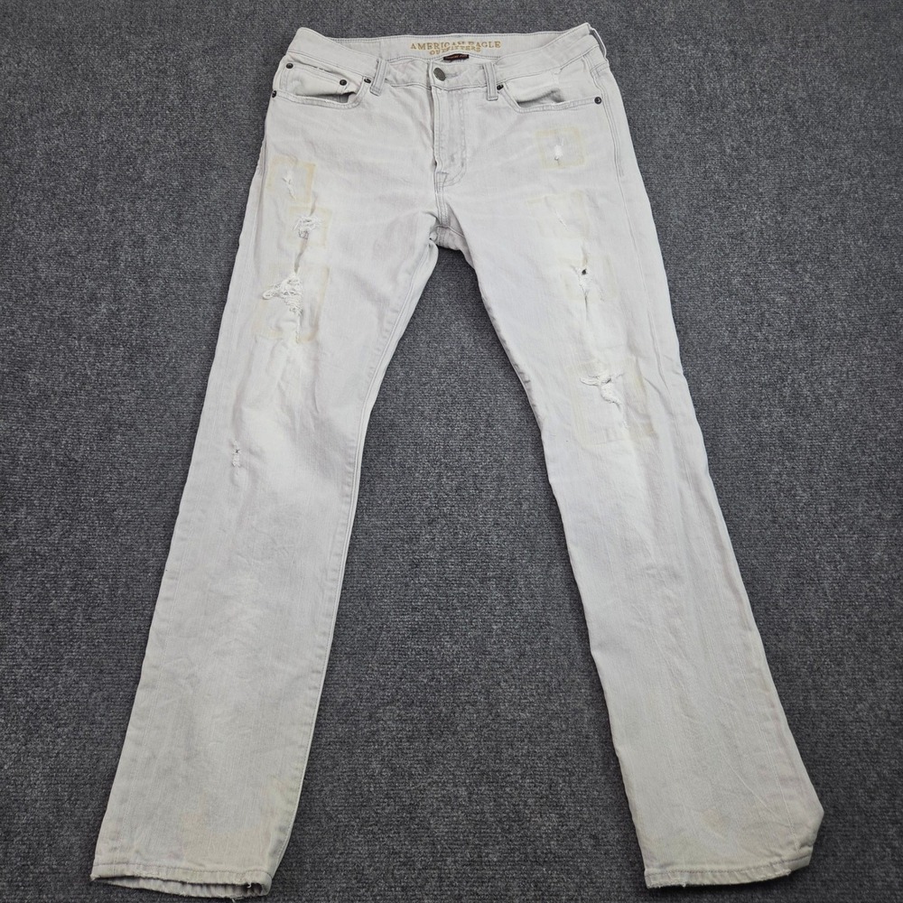 American Eagle Slim Jeans Mens 34 Gray Bone Wash Distressed Light Neutral Denim